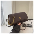 Detail of dark brown leather crossbody bag with vintage gold chain and twist lock - Coffee