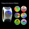 Holographic Merry Christmas roll stickers with six colorful festive laser designs - Laser Black Text Style