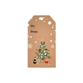 Kerstcadeau label van bruin kraftpapier met kerstboom sneeuwpop en geschenken - Kerstlandschap stijl