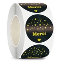 Roll of black and gold Merci stickers for gift packaging and envelope sealing - Black * 1.5 Inches - 3.8 Cm