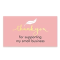 Pink thank you card for small business featuring yellow cursive and white feather decor - Pink Feather Style