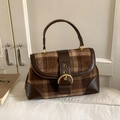 Sac à main rétro en tweed à carreaux marron avec garniture en cuir et boucle dorée - Marron