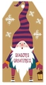 Christmas kraft paper tag featuring gnome with Season's Greetings text and jute rope - Purple Striped Hat Gnome Style (Card 1) / Hemp Rope Included