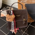 Retro dark brown PU leather crossbody bag with white stitching and bear charm - With Pendant / Coffee
