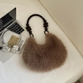 Dark coffee faux fur crescent bag with beaded handle and elegant fluffy texture - Brown
