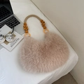 Elegante bolso de media luna en piel sintética marrón claro con asas tejidas y madera - Caqui