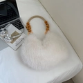 Sac à main blanc en fausse fourrure pour femme avec poignée en perles de bois rétro - Blanc
