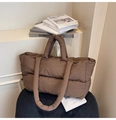 Deep brown quilted puffer tote bag with soft shoulder strap and padded top handles - Brown