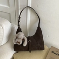 Dark brown suede crescent shoulder bag with a cute plush rabbit charm and silver buckle - Coffee with Pendant
