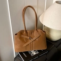 Vintage caramel brown suede tote bag with decorative straps and metallic eyelets - No Pendant / Brown