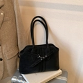 Vintage black suede shoulder bag with metallic buckle and retro minimalist aesthetic - No Pendant / Black