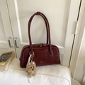 Retro matte dark red leather bowling bag with vintage dog charm and long shoulder strap - Burgundy