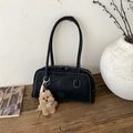 Retro black suede bowling bag with white contrast stitching and puppy plush pendant - Black