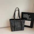 Minimalist grey marble texture tote bag with black long handles and golden metal hardware - No Pendant / Black