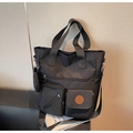 Large black nylon tote bag with multi-pockets and detachable round coin purse - Black