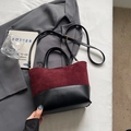 Stylish bicolor burgundy suede and black leather bucket bag with gold hardware detail - Wine Red Without Pendant