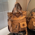 Brown nylon tote bag with functional zipper pockets and detachable round coin purse - Khaki