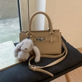 Retro beige litchi leather handbag with cute rabbit pendant and adjustable shoulder strap - Khaki with Pendant