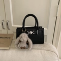 Retro black lychee textured handbag with a cute plush rabbit pendant and heart metal clasp - Black with Pendant
