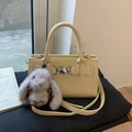 Light yellow vintage crossbody bag with heart buckle and gray rabbit plush keychain - Yellow with Pendant