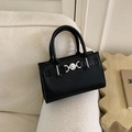 Elegant black lychee grain crossbody bag with silver heart metal buckle hardware - Black without Pendant