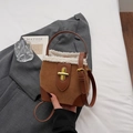 Brown faux suede mini bucket bag with white shearling trim and golden metal clasp - No Pendant / Brown