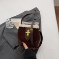Brown faux suede mini bucket bag with white plush trim and golden clasp closure - No Pendant / Coffee