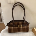 Borsa tote a quadri marroni con manici in pelle e fibbia dorata per stile vintage - Marrone