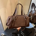 Retro dark brown Boston bag featuring suede leather patchwork and silver hardware details - Brown