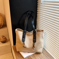 Beige faux suede vintage tote bag with black leather straps and ethnic bead details - Khaki