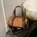 Camel suede Boston bag with brown leather trim and silver metal rivets detail - Brown