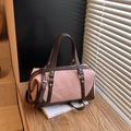 Pink matte and brown leather boston bag with silver studs and adjustable strap - Pink
