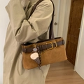 Retro tan suede baguette bag with dark leather straps and plush ice cream pendant - Brown with Pendant