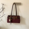 Retro burgundy baguette shoulder bag with soft suede finish and brown strap detail - Red with Pendant