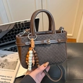 Minimalist dark brown checkered crossbody bag with beaded tassel and metal buckle - Brown