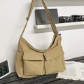Khaki canvas messenger bag with double pockets and wide strap in Japanese workwear style - Khaki