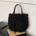Chic black faux fur bucket bag with smooth leather handle for autumn and winter - Black without Pendant