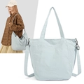 Dettaglio della borsa tote in nylon celeste con doppi manici e tracolla regolabile - Blu
