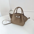 Brown lychee leather bucket bag with silver rotating lock and adjustable strap - No Pendant / Elephant Gray
