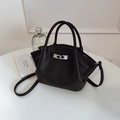 Black lychee leather bucket bag with silver metal buckle and adjustable shoulder strap - No Pendant / Black