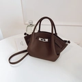 Dark brown leather bucket bag with silver buckle and detachable shoulder strap - No Pendant / Brown