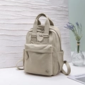 Detail eines hellgrauen Nylon-Rucksacks mit robustem Tragegriff und Reißverschlusstaschen - Weiß