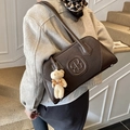 Dark brown leather shoulder bag with circular B logo and white plush bear charm - With Charm / Brown