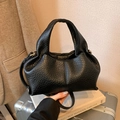 Chic black pleated cloud bag with litchi texture and elegant gold hardware - Black
