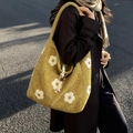Borsa tote in peluche giallo senape con motivi floreali bianchi e grande capacità - Giallo