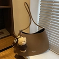 Brown minimalist underarm bag with lychee leather texture and cute teddy bear charm - Khaki (With Charm)