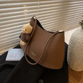 Brown leather underarm bag with teddy bear pendant and Fashion & Bag text logo - Brown (With Pendant)