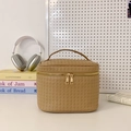 Khaki woven texture large cosmetic bag with reinforced handle and golden double zippers - Brown