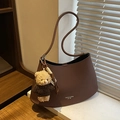Brown leather crescent shoulder bag with litchi texture and cute bear charm accessory - Red Brown (With Charm)