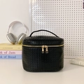Large black woven leather cosmetic bag with gold zippers and a sturdy top handle - Black